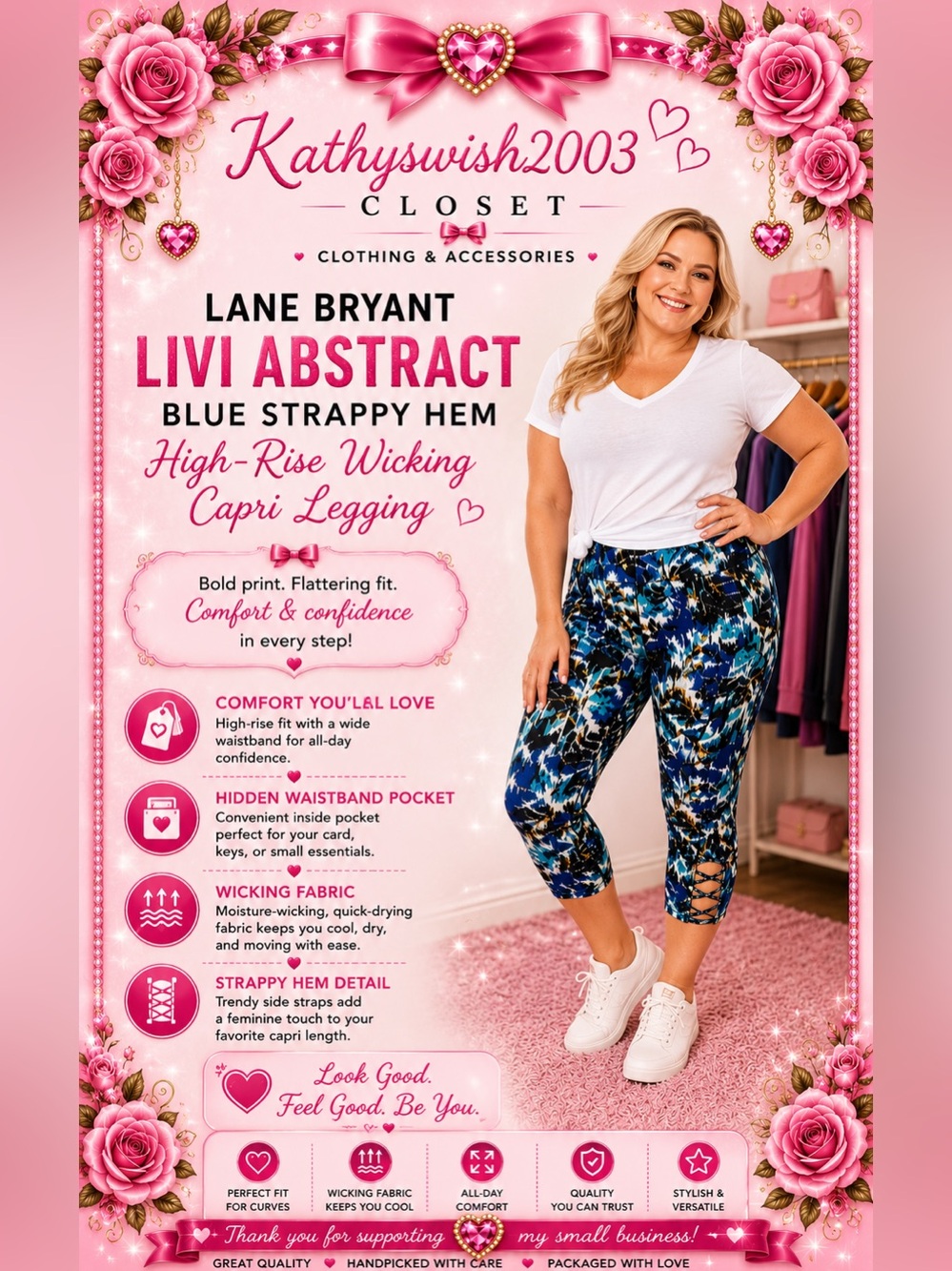 LANE BRYANT LIVI ABSTRACT BLUE STRAPPY HEM HIGH-RISE WICKING CAPRI LEGGING...